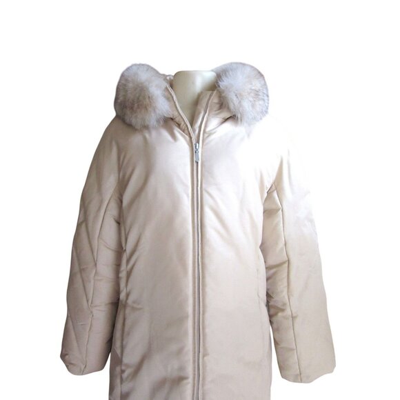 1 Madison Beige Puffer Coat W/ Fox Fur Trim Down/Feather Fill XL - Picture 2 of 11